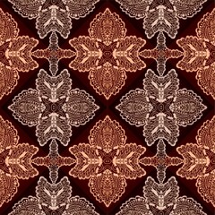 Elegant natural seamless ornament in beige, orange and brown tones for silk fabric with openwork fantasy leaves - 539727488