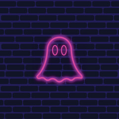 Halloween holiday, neon mummy on brick wall background. Vector line icon.