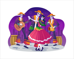 Day of Dead, Dia de Los Muertos Mexican Holiday with dancing Catrina Calavera and Mariachi musician skeletons with a sombrero playing music. Vector illustration in flat style