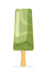 Ice cream icon. Green fruit ice on stick. Symbol of hot weather and summer season, holidays in tropical and exotic countries. Graphic element for printing on fabric. Cartoon flat vector illustration