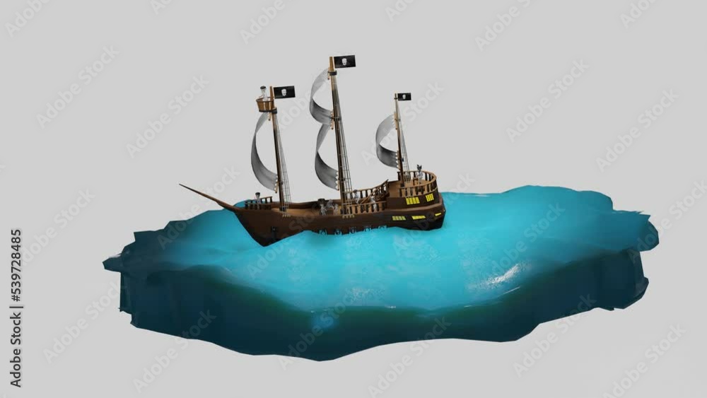 Poster three-dimensional model of a pirate sailboat swinging on a piece of the ocean. looped animated backg