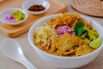 Thai curried noodle soup with pork (Khao Soi Moo), Northern thai food style