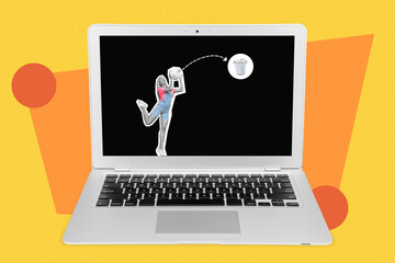 Creative photo 3d collage artwork poster of little person inside screen menu throw paper ball aim basket isolated on drawing background