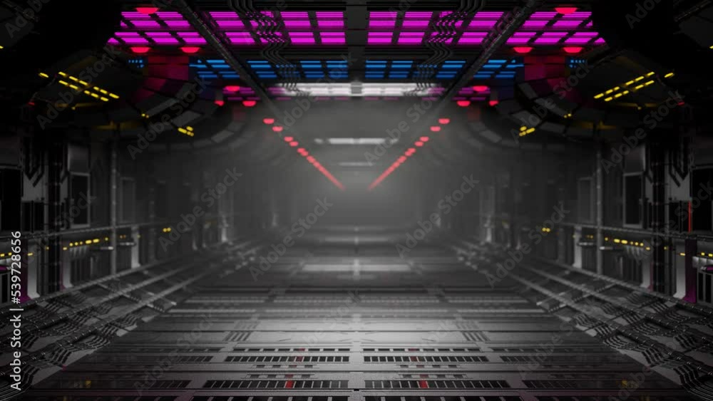 Poster camera flies through an endless technological tunnel filled with smoke. abstract animated background
