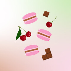 three french macarons on gradient background.macarons with cherries and chocolate