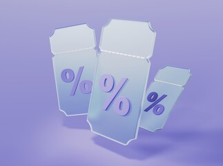 Flying coupons with procet signs in glassmorphism style on isolated background 3d rendering