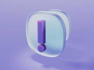 Violet exclamation mark in glassmorphism style on isolated background 3d rendering