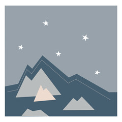 Simple vector card, poster with peaks of mountains at the night