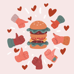 Vector illustration of People's hands arround burgers