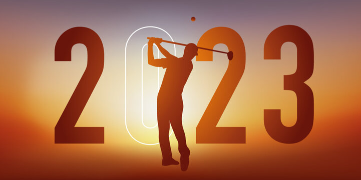 Concept du sport sur le thème du golf pour une carte de vœux 2023, montrant un golfeur faisant un swing.