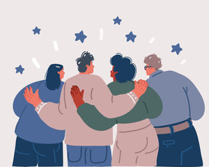 Vector illustration group of happy friends hugging together. Rear view