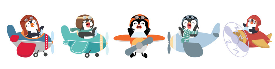 Funny pilot penguin flying air plane set