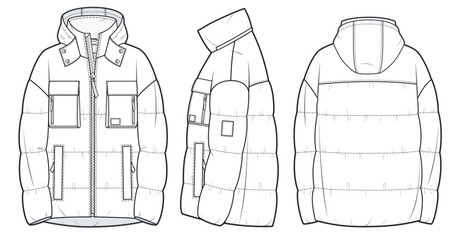Hooded down Jacket, Coat technical fashion Illustration. Padded Jacket fashion flat drawing template, zip closure, multi pockets, front, side and back view, white color, women, men, unisex CAD mockup. © Liubov Hladka