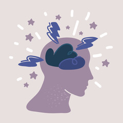 Vector illustration of Human brain paper with thunder storm inside