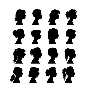 Set of diversity women silhouette portraits. Female head, face profile, vignette. Hand drawn illustration for invitation, postcard. Portraits of beautiful girls with a hairstyle. Vector.	
