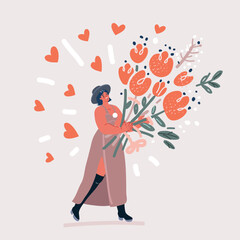 Portrait of nice cute cheerful girl holding in hands pink flowers isolated over bright violet color background