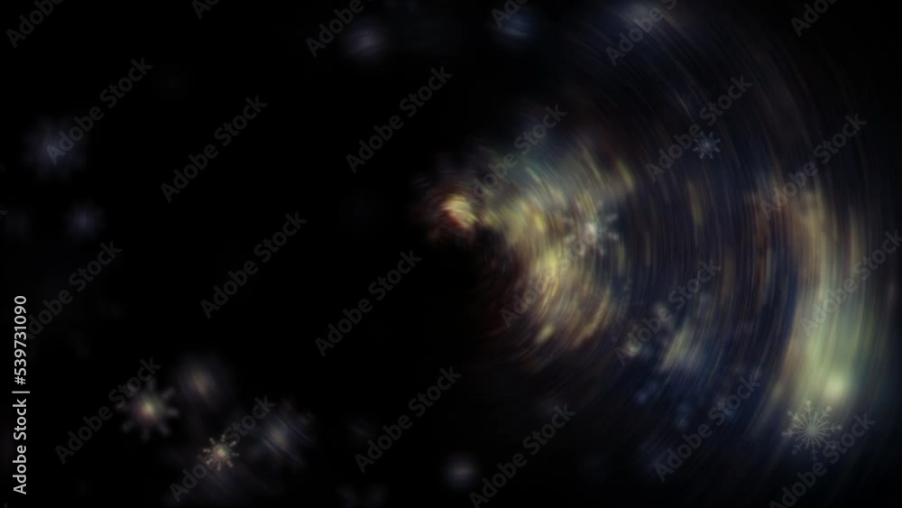 Poster beautiful loop abstract winter snow background with falling multicolored dark snowflakes on black ba