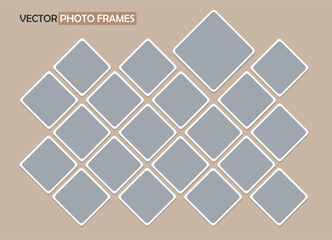 20 empty rhombus photo frames. Set of square photo cards for portraits. Vector realistic Mockup for design, graduations, congratulations, photo albums, collages. Blank template on beige. EPS10. 