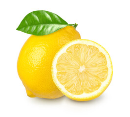 Ripe lemon fruit and slices with leaves isolated on white background, Fresh and Juicy Lemon
