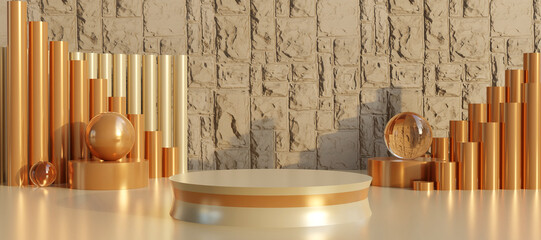 Beige podium with golden decorative objects on beige background. Stand to show products. Stage showcase with copy space. Elegant pedestal display. Banner size. Website cover template. 3D rendering.