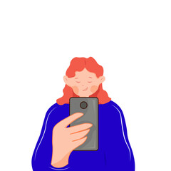 vector illustration of a girl holding a phone. the girl holds the phone in her hand. phone. call. communicate with friends. correspondence by phone