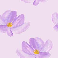 Floral seamless pattern with purple flowers on pink vector background. - 539731649