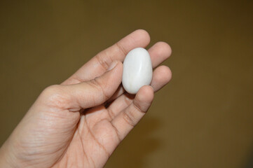 A person holding a Healing Stone, Reiki Crystal, and White Pebble in Hand. Person's hands holding crystals.