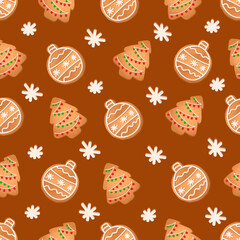 Seamless pattern with ginger cookies on a brown background. Gingerbread , Christmas tree,Christmas ball