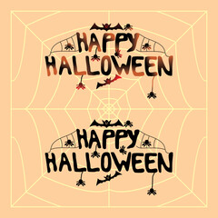 Happy Halloween Text Banner, spider web isolated, black vector flat design