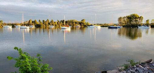 Sailboats moored, late afternoon