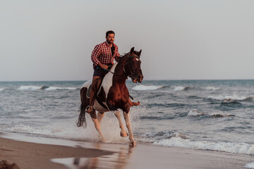 A modern man in summer clothes enjoys riding a horse on a beautiful sandy beach at sunset....