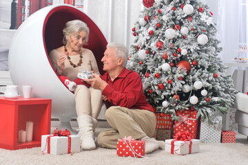 Obraz na płótnie Canvas Elderly couple in a room with New Year's decor