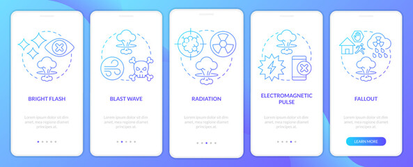 Fototapeta premium Nuclear explosion dangers blue gradient mobile app screen. Radiation walkthrough 5 steps graphic instructions with linear concepts. UI, UX, GUI template. Myriad Pro-Bold, Regular fonts used