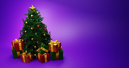 Obraz na płótnie Canvas beautiful, Christmas, festive background with a Christmas tree, colored balls and gifts. 3d render