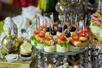 Delicious fish caviar canapes. Seafood in the diet. Decoration of the festive table.