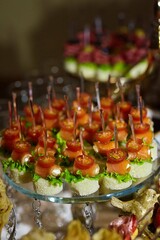 A delicacy of red fish on the festive table. Snacks for guests at the event.