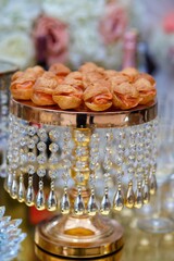 A delicacy of red fish on the festive table. Snacks for guests at the event.