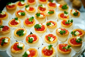 Delicious fish caviar canapes. Seafood in the diet. Decoration of the festive table.