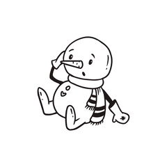 sad snowman spring.Cartoon snowman in doodle style,line.Coloring. 