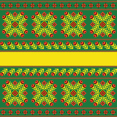 Seamless cross stitch. Geometric green and yellow ethnic pattern.  Embroidery