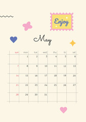 The page with the month May 2023 with retro stickers in bright tones. Vertical poster in a geometric style. Vector illustration design