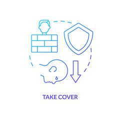Take cover blue gradient concept icon. Hide behind barrier. Action outside during nuclear accident abstract idea thin line illustration. Isolated outline drawing. Myriad Pro-Bold font used
