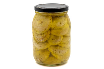 Canned artichokes in glass jar isolated on white background