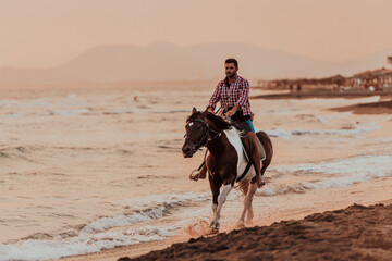 A modern man in summer clothes enjoys riding a horse on a beautiful sandy beach at sunset....