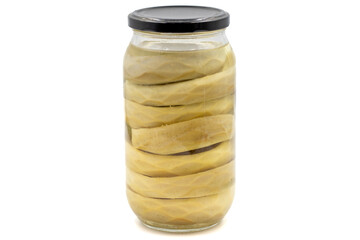 Canned artichokes in glass jar isolated on white background