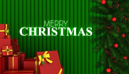 Christmas composition. Holiday Wishes on green Background with Fir Branches. For Greeting Card, Poster and Banner. Happy New Year Card. 3d rendering.