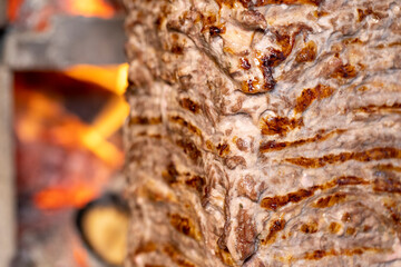 Turkish meat doner. Meat cooked in wood fire is doner. Traditional Turkish cuisine delicacies. Close up