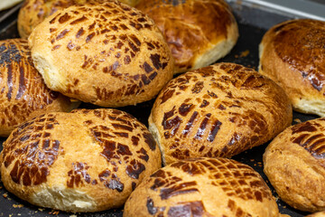 Turkish bagel and pogaca varieties. Bakery products. Traditional Turkish cuisine delicacies. close up