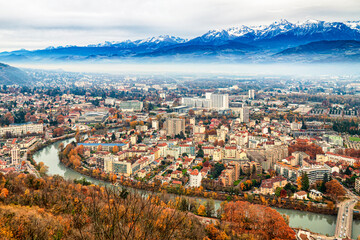 Grenoble France 11 2021 view of Grenoble from the heights of the Bastille, the city is known for its cable car which is nicknamed 