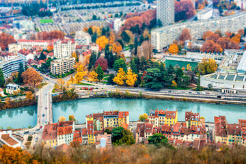 Grenoble France 11 2021 view of Grenoble from the heights of the Bastille, the city is known for its cable car which is nicknamed "the bubbles"